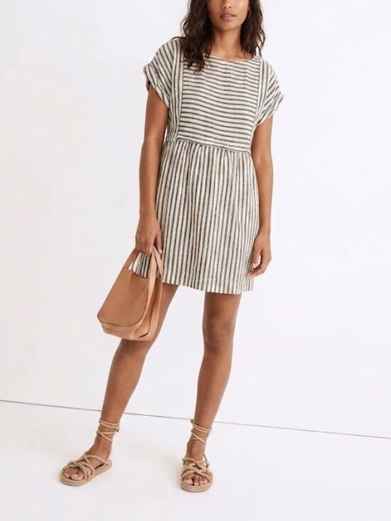 Madewell Dresses & Skirts - Madewell Linen Blend Mixed Stripe Shift Dress Blue Cream Size Small